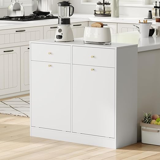 Housoul Double Tilt Out Trash Can Cabinet with 2 Drawers, Trash Storage Cabinet, Hidden Garbage Bin, Free Standing Laundry Sorter Organizer for Kitchen Dining Living Room, Bathroom, White