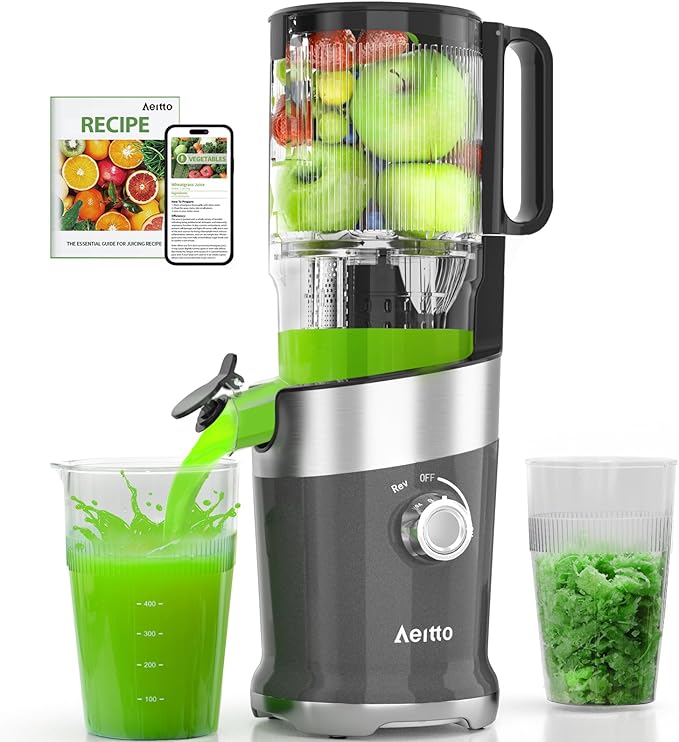 Aeitto Juicer Machines Fits Whole Fruits, Cold Press Juicer with Wide Feed Chute, Masticating Juice Extractor Machine Easy to Clean, High Juice Yield, Easy to Assemble, Self Feeding