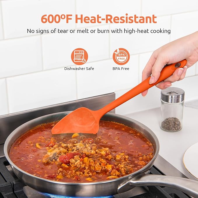 U-Taste Silicone Spoon Spatula Set, 600ºF High Heat Resistant Food Grade Flexible Rubber Scraper, Integrated Cooking Mixing Baking Kitchen Utensils Set of 3 for Nonstick Cookware (Orange)