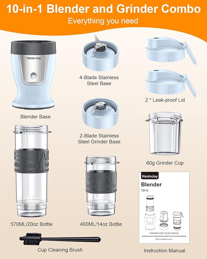 Smoothie Blender, 650W Personal Blenders for Shakes and Smoothies with Grinder Cup & 2 BPA-Free Portable Cups (20oz+14oz), Portable Blender for Juices, Smoothies Maker for Kitchen, Blue