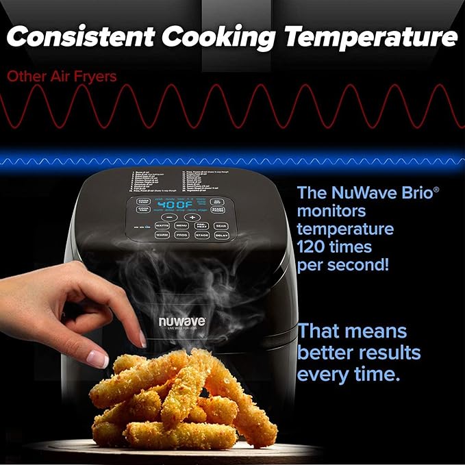 Nuwave 4.5-Qt Brio Air Fryer, 100 Pre-Programmed Recipes & 100 Memory Slots to Save & Recall Favorite Recipes, 100°F-400°F, Linear Thermal (Linear T) Technology for Perfect Results (Renewed)