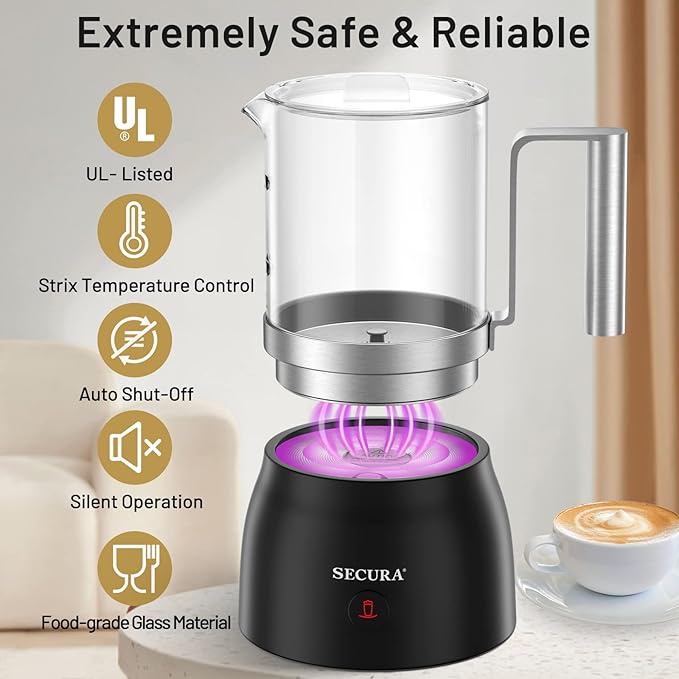 Secura Detachable Milk Frother and Steamer, 17oz Electric Milk Warmer with Glass Jug, 4-in-1 Hot & Cold Foam Maker for Latte, Cappuccinos & Hot Chocolate, Dishwasher Safe, BPA & Teflon-Free Design