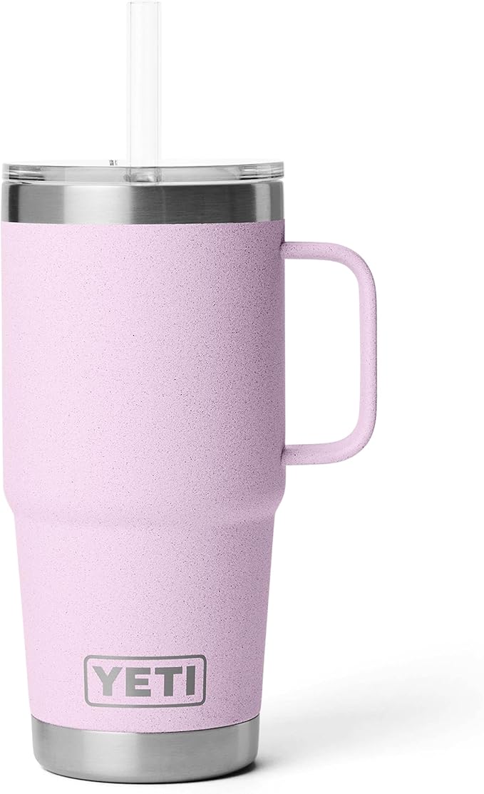 YETI Rambler 25 oz Tumbler with Handle and Straw Lid, Travel Mug Water Tumbler, Vacuum Insulated Cup with Handle, Stainless Steel, Cherry Blossom - Textured