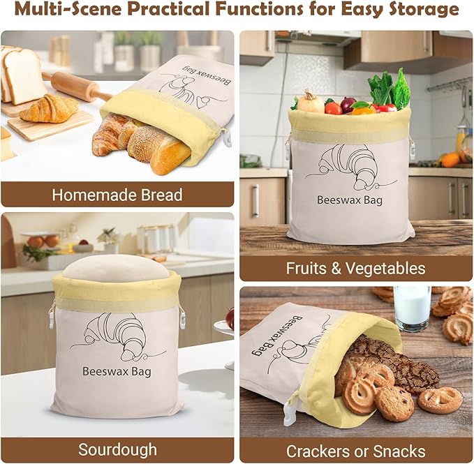 Cotton Beeswax Bread Bag (2 Pack) Reusable Double-Lock Freezer Safe for Homemade Sourdough Bread Food Storage Gifts for Sourdough Bakers (Pattern 1)