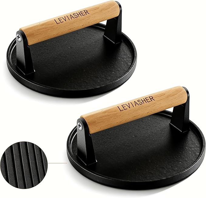 2.2lb Heavy Duty Cast Iron Grill Press, 6.69 inch Smash Burger Press Meat Steak with Wood Handle for Blackstone, Chef, Camp, Panini, Vegetable, Bacon, Sandwich, Nonstick Pan, BBQ, 2 Pack