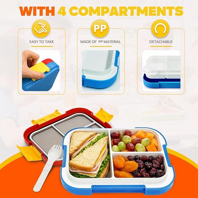 EASYFUN Bento Box Adult, Lunch Box, 3-Compartment Lunch Containers, Drop-Proof, Dishwasher Safe & Made with BPA-Free Materials (Red blue)