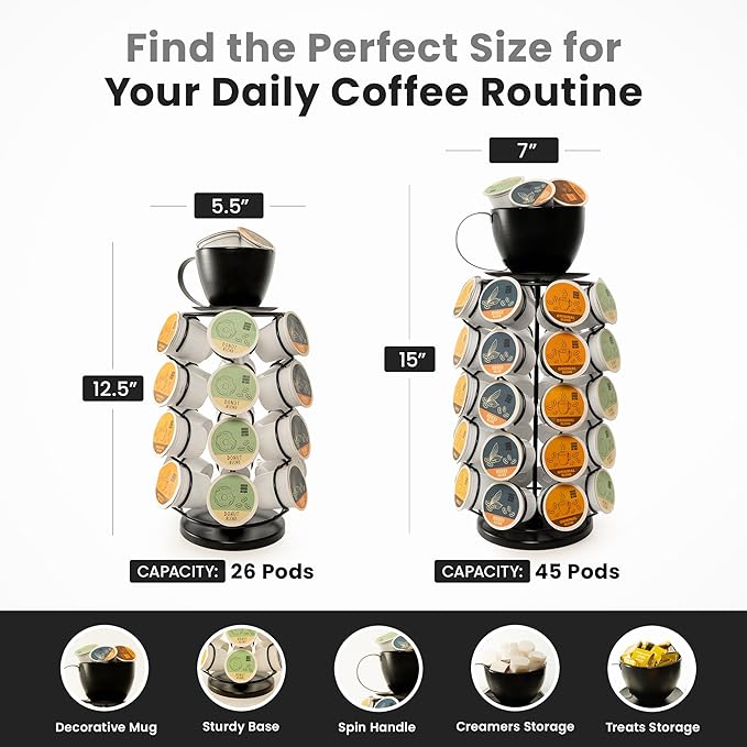 Made Easy Kit Carousel Coffee Pod Holder - Compatible with Keurig K-Pods K-Cups - Countertop 360 Spin Rack Storage Organizer - Revolving Base - Capsule Café Station Bar (Mug Black, Small)