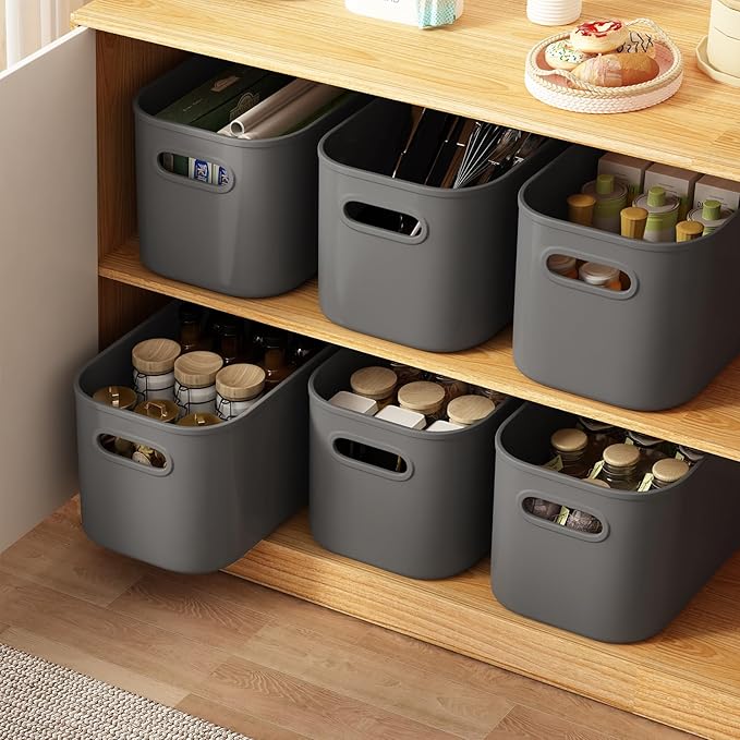 ORGIDOL 8 Pack Dark Grey Storage Bins with Lids Stackable Storage Container for Organizing, Storage Boxes with Handle for Shelves, Cute Organizer Bins for Craft, Snacks, 9.85x6.9x5.7 inch