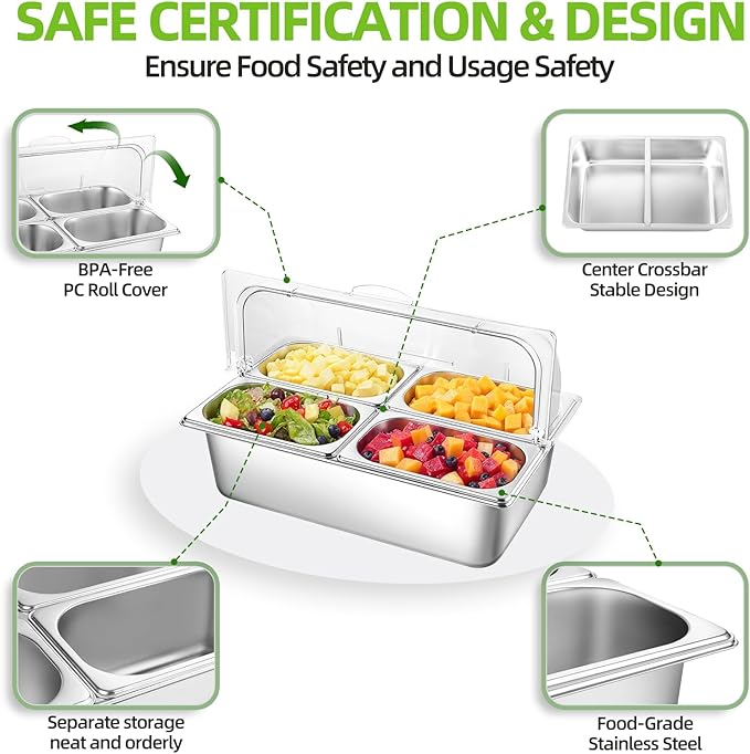 Stainless Steel Ice Food Serving Display Container 6 Pans 3 Ice Packs Cooled Condiment Dispenser Cold Serving Appetizer Buffet Organizer (4 Pans)