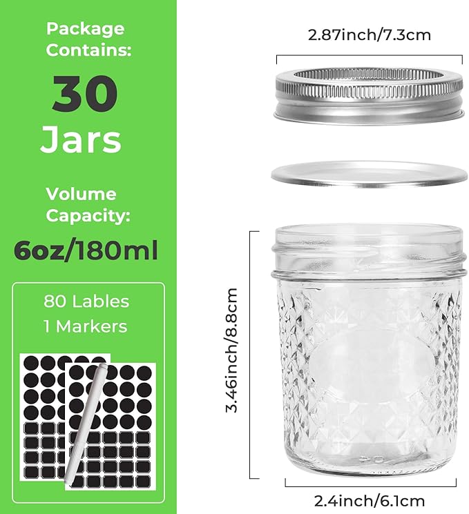 CycleMore 6 oz Mason Jars with Airtight Lids and Bands, 30 Pack Regular Mouth Glass Canning Jars, Small Glass Canisters for Jelly, Sauce, Jam, Honey, Juice, Wedding Favors, Shower Favors