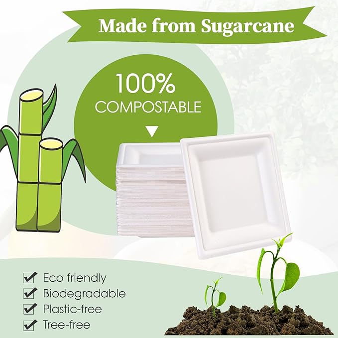 ECOLipak 6 Inch Compostable Square Paper Plates, 300 Count Heavy Duty White Small Paper Appetizer Plates, Disposable Biodegradable for Dessert Daily meals, Dinner, Parties, BBQ