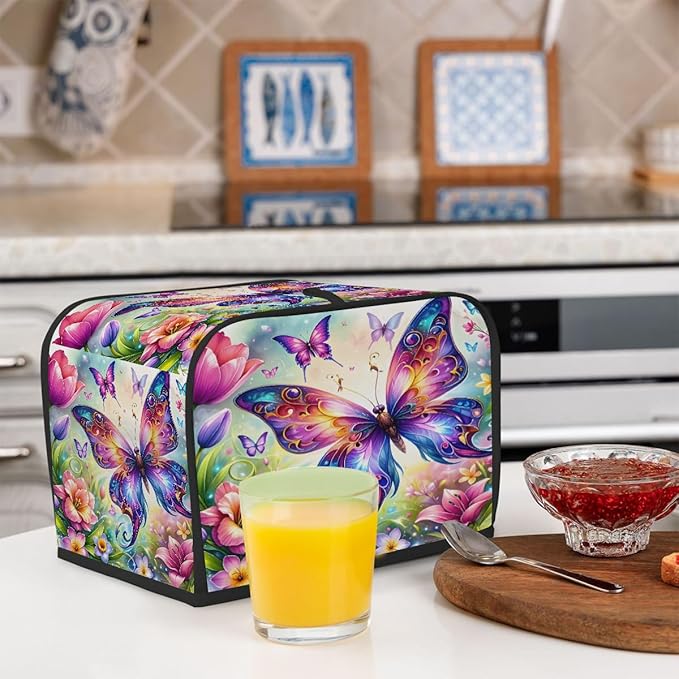 Colorful Flower Butterfly Toaster Cover 4 Slice Dust and Fingerprint Protection Toaster Bread Maker Covers Washable Kitchen Small Appliance Covers for Kitchen Accessories Decor Bakeware Women Gift