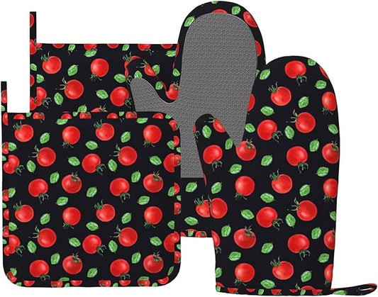 Cherry Tomatoes and Leaves Oven Mitts and Pot Holders Sets Silicone Kitchen Oven Mitts Hot Pads Heat Resistant Potholders Kitchen Mitts Set for Baking BBQ Cooking