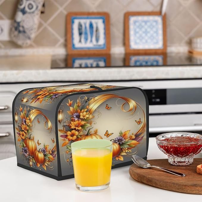 Art Fall Pumpkin Flower Toaster Cover 2 Slice Dust and Fingerprint Protection Toaster Bread Maker Covers Washable Kitchen Small Appliance Covers for Kitchen Accessories Decor Bakeware Women Gift