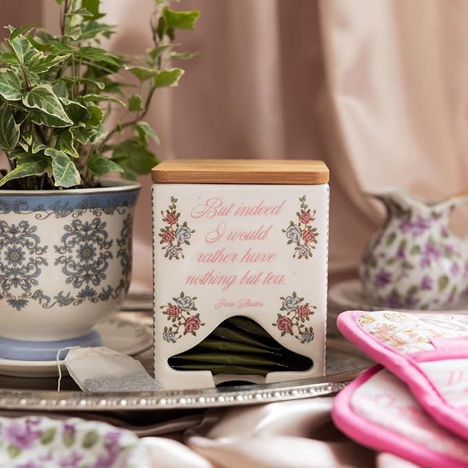 Steel Mill & Co Ceramic Tea Bag Dispenser with Bamboo Lid, Tea Storage Container for Kitchen Counter, Organizer for Tea Bags, Cute Bookish Gift for Tea Lovers (Jane Austen Quote)