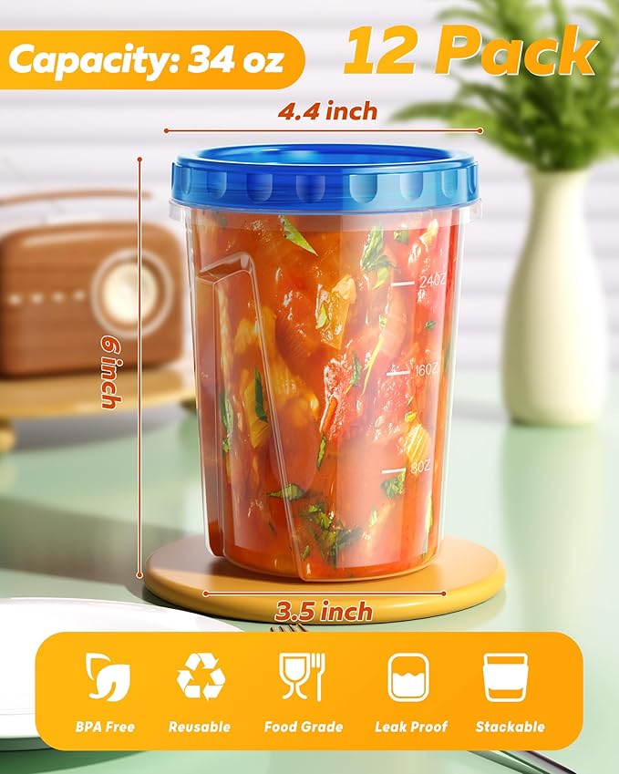 BiuLeon 12 Pack-34 oz Freezer Storage Containers, Plastic Food Storage Containers with Twist Top Lids, BPA Free and Reusable Soup Containers with Lids, Leakproof/Microwave/Dishwasher Safe