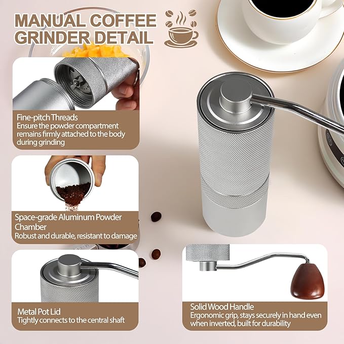 Detachable Manual Coffee Grinder with 25 Level Stainless Steel Conical Burr Portable Aluminum Coffee Bean Grinder Grinder Gift Set Suitable for Moka Pot Espresso Pour Over Easy Cleaning with Brush