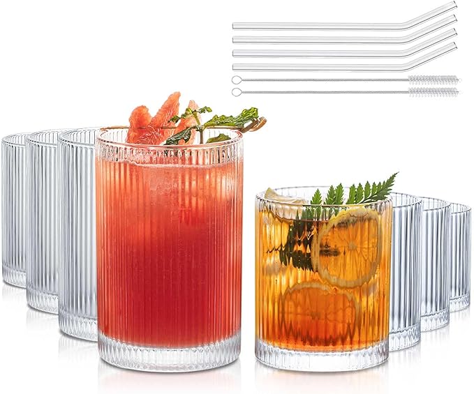 INSETLAN Set of 8 Ribbed Glassware - 4 Large Glasses 17 oz, 4 Rocks Glass Cups 10 oz, Vintage Glassware Cocktail Glasses, Ideal for Beer, Juice, Water, Ice Coffee Cup, Whiskey, Mixed Drinkware