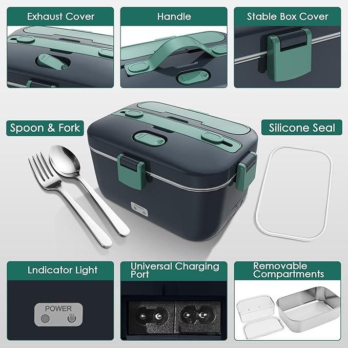 COZYEXPERT Electric-Lunch-Box-Heated-Food-Warmer 100W Heating Lunchbox for Adults 1.8L Portable Food Heater for Work/Car, 12V/24V/110-230V Lonchera Eléctrica Portátil with Fork Spoon (Gray+Green)