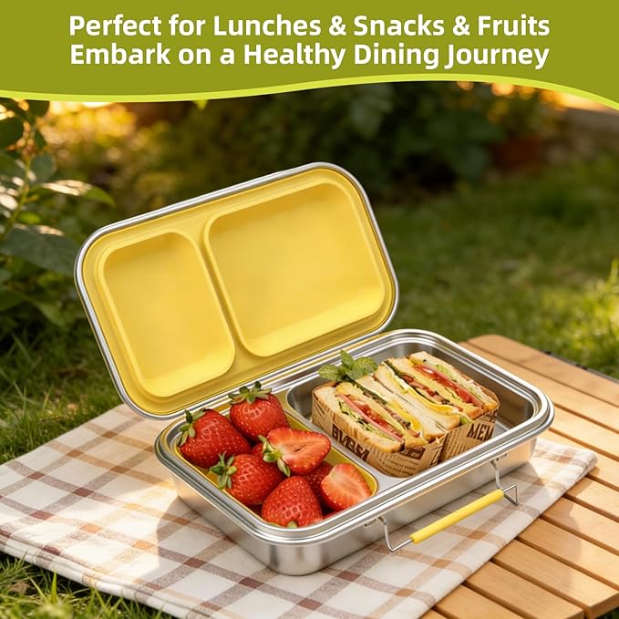 Stainless Steel Bento Box for Adults, 22.6 oz Compact 2-Compartment Metal Lunch Box with 2 Containers, BPA-Free Portion Control Food Container for Work and Travel, Dishwasher Safe(Yellow)