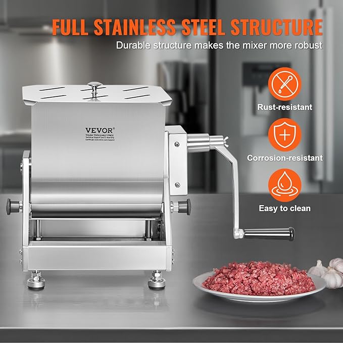 VEVOR Manual Meat Mixer, 60 Pound Capacity Tilt Tank Meat Mixer, Stainless Steel Meat Processing Equipment, Sausage Mixer Machine with Lid and Handle, Ground Beef Hand Mixer, Silver