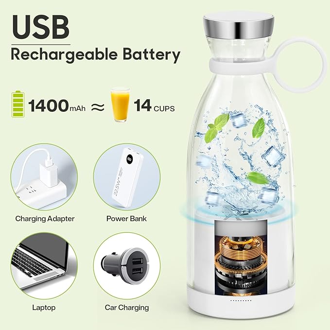 Portable Blender,Fashion Portable Blender for Shakes and Smoothies 11.8 Oz,Magnetic USB Fast Charging Mini Mixer Bottle,Take It for Traveling, Outdoor, Gym, Office, Cars, Gift -WH
