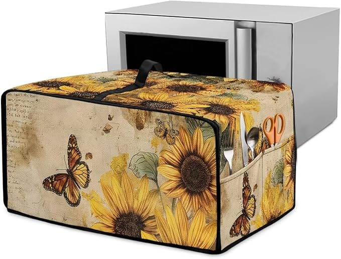 Convection Toaster Oven Cover with Pockets, Easy to Clean, Smart Microwave Baking Oven Dust Cover for Countertop, M, 16.5 x 20.5 x 10 inches, Retro Sunflower Butterfly