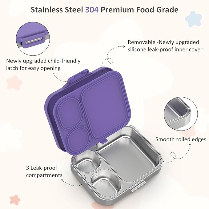 Howeemo Stainless Steel Bento Box Kids, Leak Proof Metal Bento Lunch Box,3 Compartments 304 Stainless Steel Bento Lunch Containers for School and Office,BPA-Free(Purple)