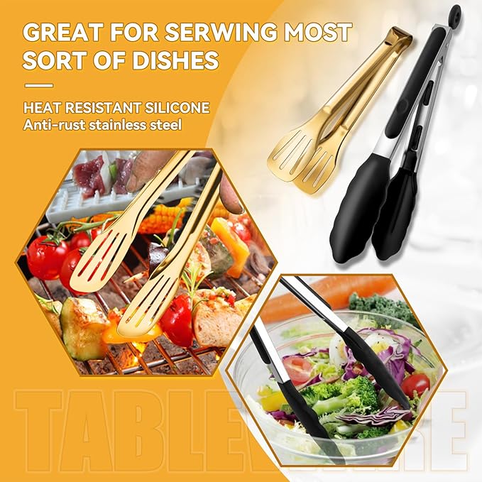 Gold Serving Utensils Set for Partie, Stainless Steel Metal Large Serving Spoons, Slotted Spoons, Forks, Tongs, Soup Spoons, Skimmer Spoon, Cake Server for Buffet, Catering, Entertaining 15pcs