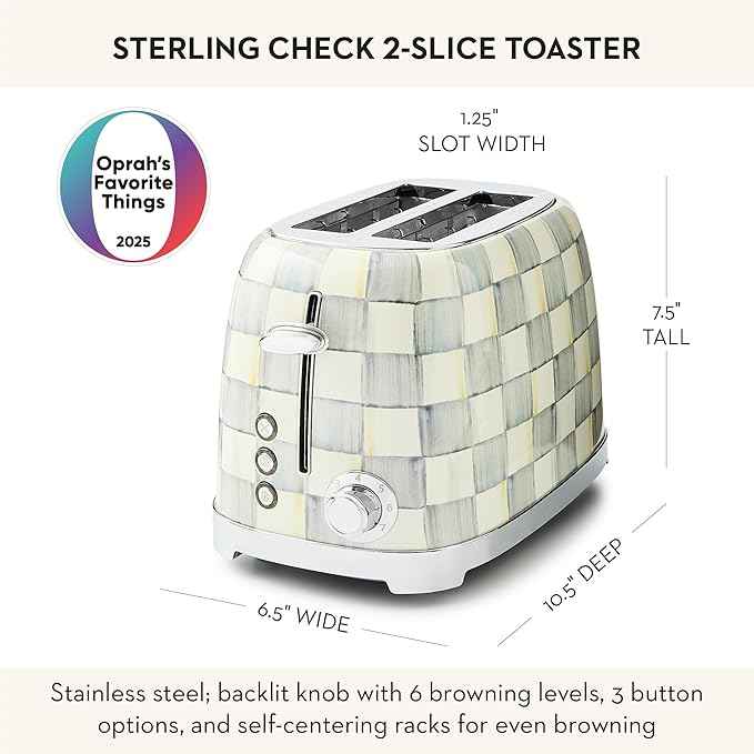 MACKENZIE-CHILDS 2-Slice Toaster, Decorative Toaster for Kitchen, Gray-and-White Sterling Check