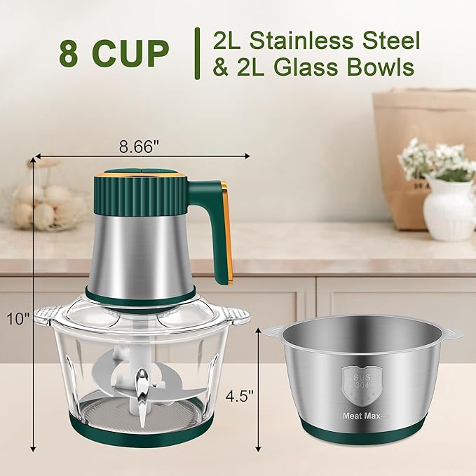 Food Processor, 5-Speed Electric Food Chopper, Meat Grinder with 2 Bowls (8 Cup+8 Cup) & 2 Sets of Blades, Meat Processor for Meat, Vegetables, Fruits and Nuts (Green)