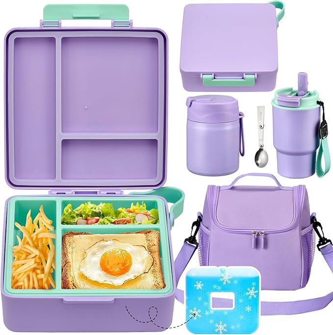 Pawtong Lunch Box Set with Bento Box Container, 17OZ Stainless Steel Food Soup Thermo, Kids Water Bottle & Portable Insulated Lunch Bag – Leakproof, Hot/Cold Retention for School, Travel (Purple)