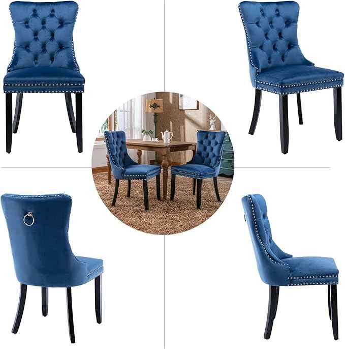 Upholstered Dining Chairs Set of 4, Velvet Dining Room Chairs with Back Ring Pull Trim and Solid Wood Legs, Tufted Wingback Kitchen Chair Perfect for Dining Room,Living Room,Kitchen(Blue)