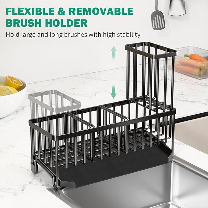 TomCare Extra Large 11'' Sink Caddy With Drain Tray Non-slip Kitchen Sink Organizer With 2 Adjustable Dividers High Brush Holder Rustproof Sponge Holder Kitchen Storage Accessories for Counter
