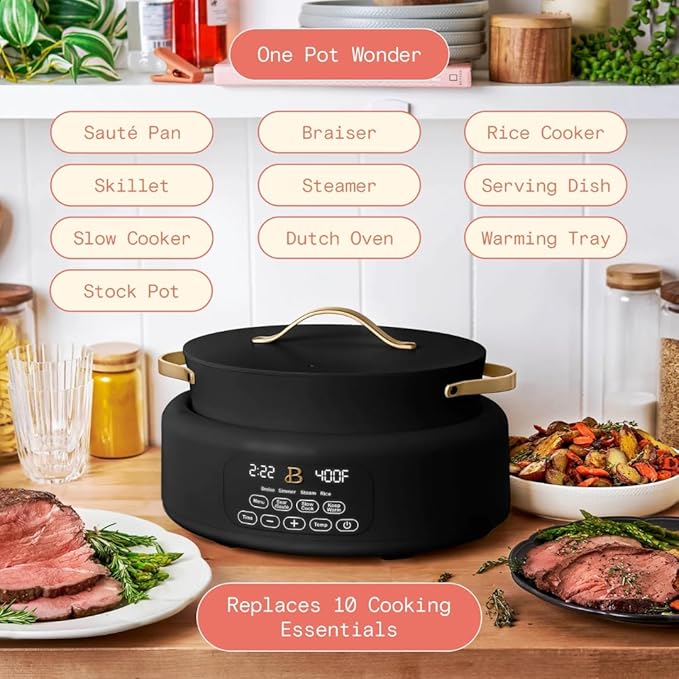 10-in-1 Electric Multi-Cooker, 6 Quart Programmable Cooking Pot with Digital Display, Nonstick Interior, One-Touch Controls, Multi-Function Kitchen Appliance (Black Sesame)