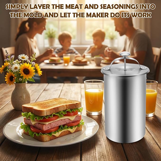 Stainless Steel Meat Press with Thermometer, Ham Maker Cooker for Cold Cut, Spring Mechanism Meat Press Mold for Homemade Ham, Healthy Home Cooking Tool (Silver 2)