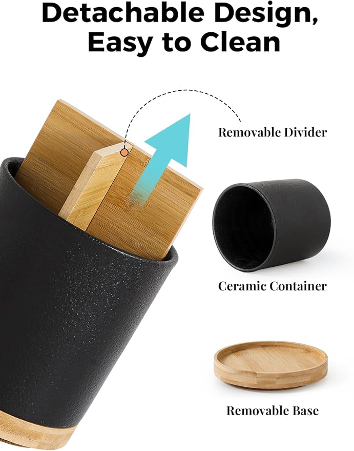 LoeJan 3 Compartment Utensil Holder, Extra Large Utensil Crock, Stable Ceramic Utensil Organizer, Cooking Tool Organizer Set for Kitchen Counter Farmhouse Decor,Textured Black