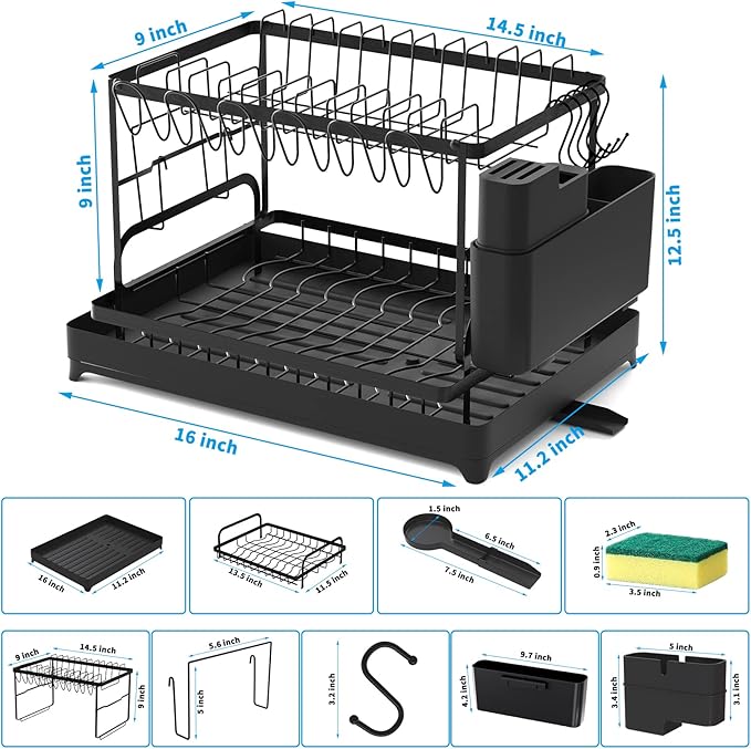 XLMYS Dish Drying Rack, 2 Tier Large Dish Drying Rack for Kitchen Counter with Drainboard Stainless Steel Dish Drainer for Dish/Knifes/Cup/Cutting Board, Black