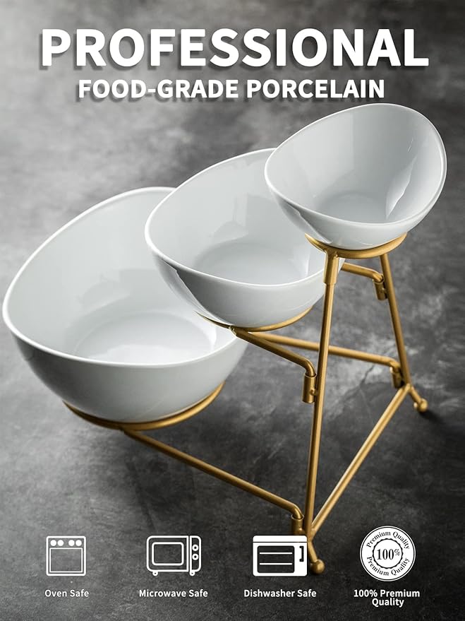 LAUCHUH 3 Tier Serving Stand Serving Dishes for Entertaining Porcelain Oval Bowl Set Tiered Serving Tray for Fruit, Vegetable, Nuts, Salad, Chip Dip Bowl Set for Easter, Mother's Day, Gold