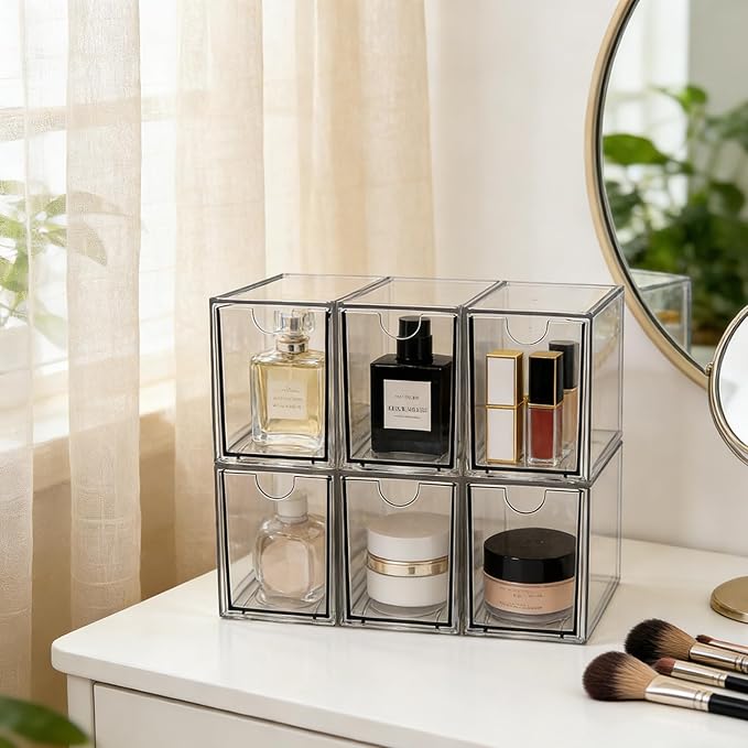 6-Pack Tea Bag Drawers Organizer – Clear Plastic Tea Bag Holder, Stackable & Portable, Wide Storage Drawers for Cabinet, Pantry, Kitchen Counter, Herbal Tea, Coffee Pods (6-Tier)