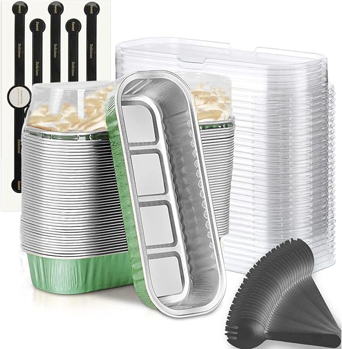 Findful Mini Loaf Baking Pans with Lids and Spoons (50 Pack, 6.8oz) Rectangle Aluminum Foil Baking Pans Tins Containers - Cupcake Containers Wrappers Cheesecake Creme Brulee Ramekins