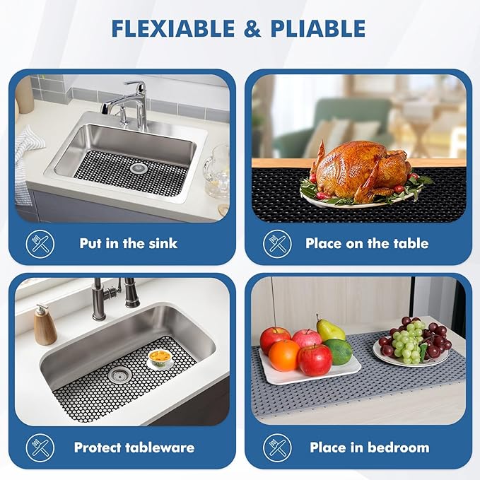 Bestjing Silicone Sink Protectors for Kitchen Sink with Rear Drain - 26"x 14" Kitchen Protector Accessory, Non-Slip Heat Resistant Grid Mat for Bottom of Farmhous Stainless Steel (Rear Hole, Black)