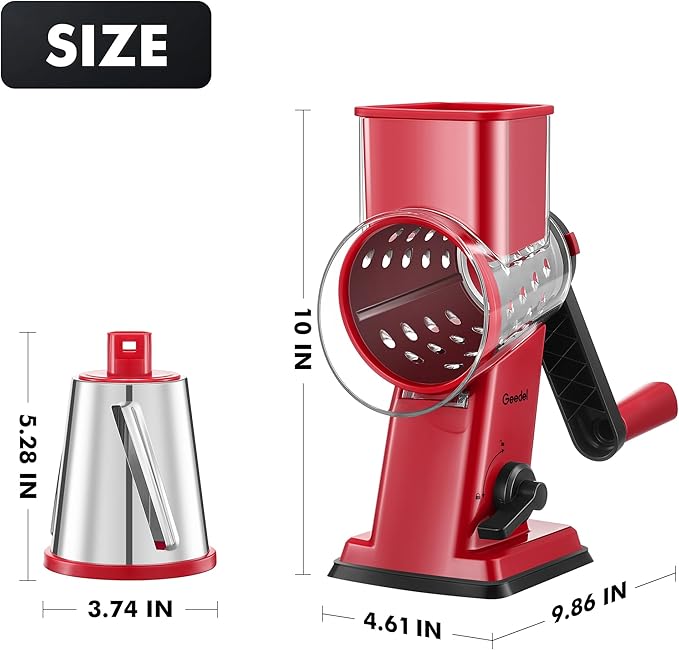 Geedel Rotary Cheese Grater - Upgraded Vegetable Shredder with 4 Interchangeable Blades, Easy to Clean Cheese Shredder with Handle, Kitchen Grater Nuts Grinder for Cutting Cheese, Vegetable, Nuts