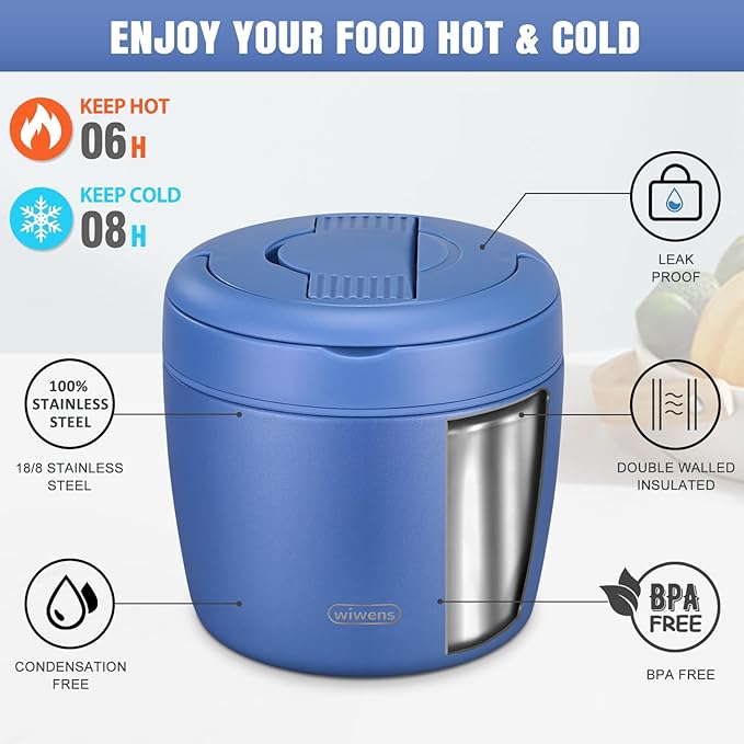 wiwens Thermo Food Jar for Hot Food Adults 32OZ Soup Thermo Lunch Containers Wide Mouth Vacuum Insulated Stainless Steel Leakproof Bento Box with Spoon (Blue)