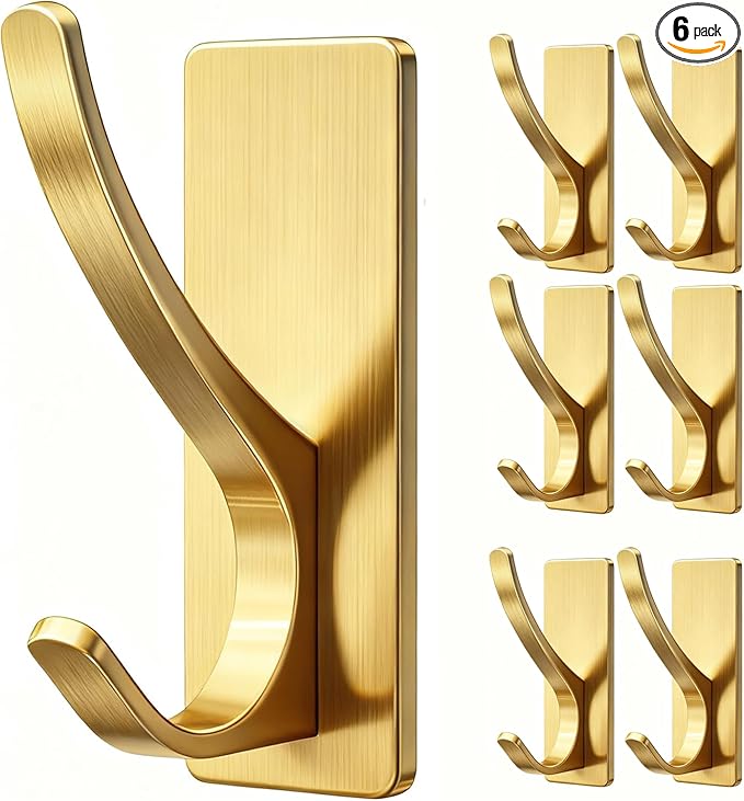 pickpiff Brushed Gold Self Adhesive Coat Hooks for Hanging: 13LB Extra Strong Stainless Wall Hook for Towel, Utensil, Backpack, Hat, Sturdy Metal Hanger for Bathroom, Kitchen, Door, 6-Pack