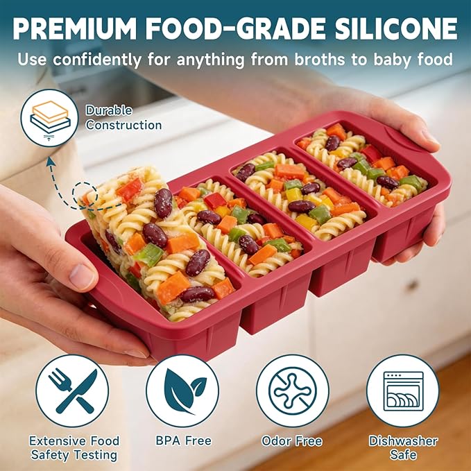 4 Pack Silicone Freezer Trays with Lid - Multi-Size 1-Cup & 2-Cup Portions, Food-Grade Silicone Freezer Molds for Soup & Meal Prep - Large Freezer Storage Containers, Oven & Dishwasher Safe - Red