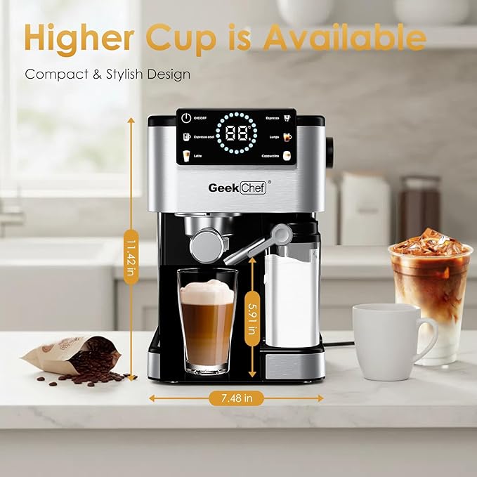 Geek Chef Espresso Machine with Milk Frother, 20 Bar Automatic Espresso Maker, Fast Heating Coffee Maker for Cappuccino, Latte & Iced Coffee, Easy to Use & Clean, for Home Barista