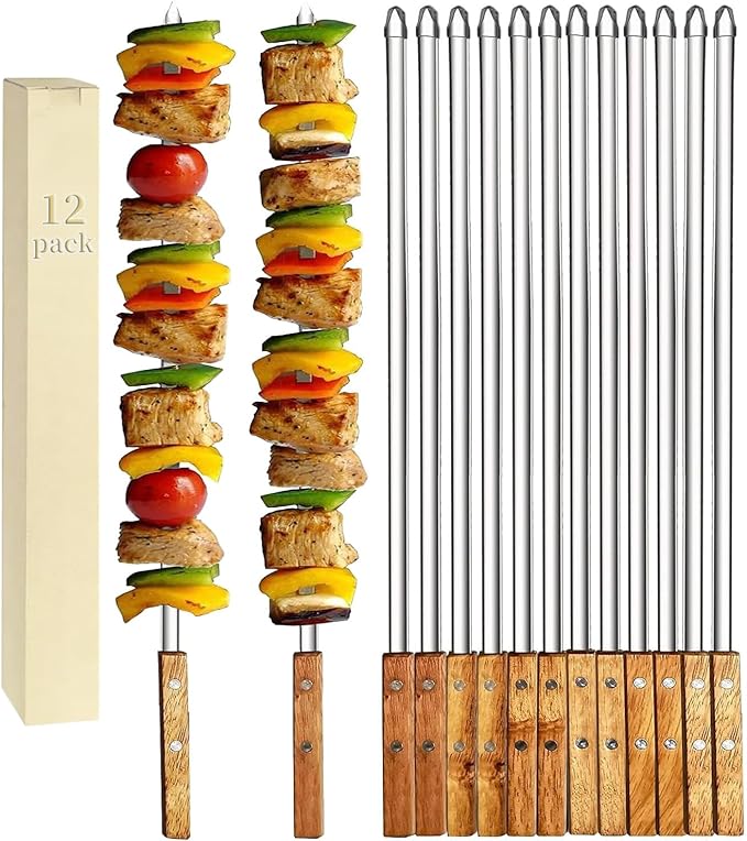 12 Pack Kebab Skewers 22 Inch Stainless Steel Grilling BBQ Skewer Reusable Barbecue Skewers Flat Stick with Wood Handle,Ideal for Koubideh Brazilian Chicken Shrimp Turkish Shish Kabob