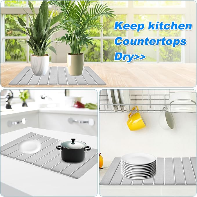 Large Stone Dish Drying Mats for Kitchen Counter, 24"(L)×16"(W) Quick Dry Collapsible Dish Drying Mat, Eco-Friendly Absorbent Diatomaceous Earth Mats for Dishes Bottles Cups, Match Any Countertop
