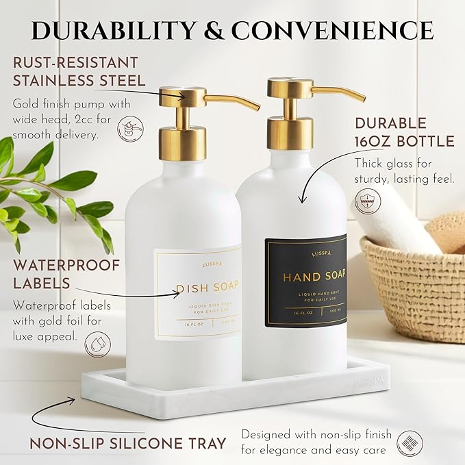 Glass Soap Dispenser Set of 2 (White) with Silicone Tray | Hand and Dish Soap Dispenser for Kitchen and Bathroom | 16.8 Oz Glass Bottles with Stainless Steel Pump & 15 Waterproof Labels (White/Gold)